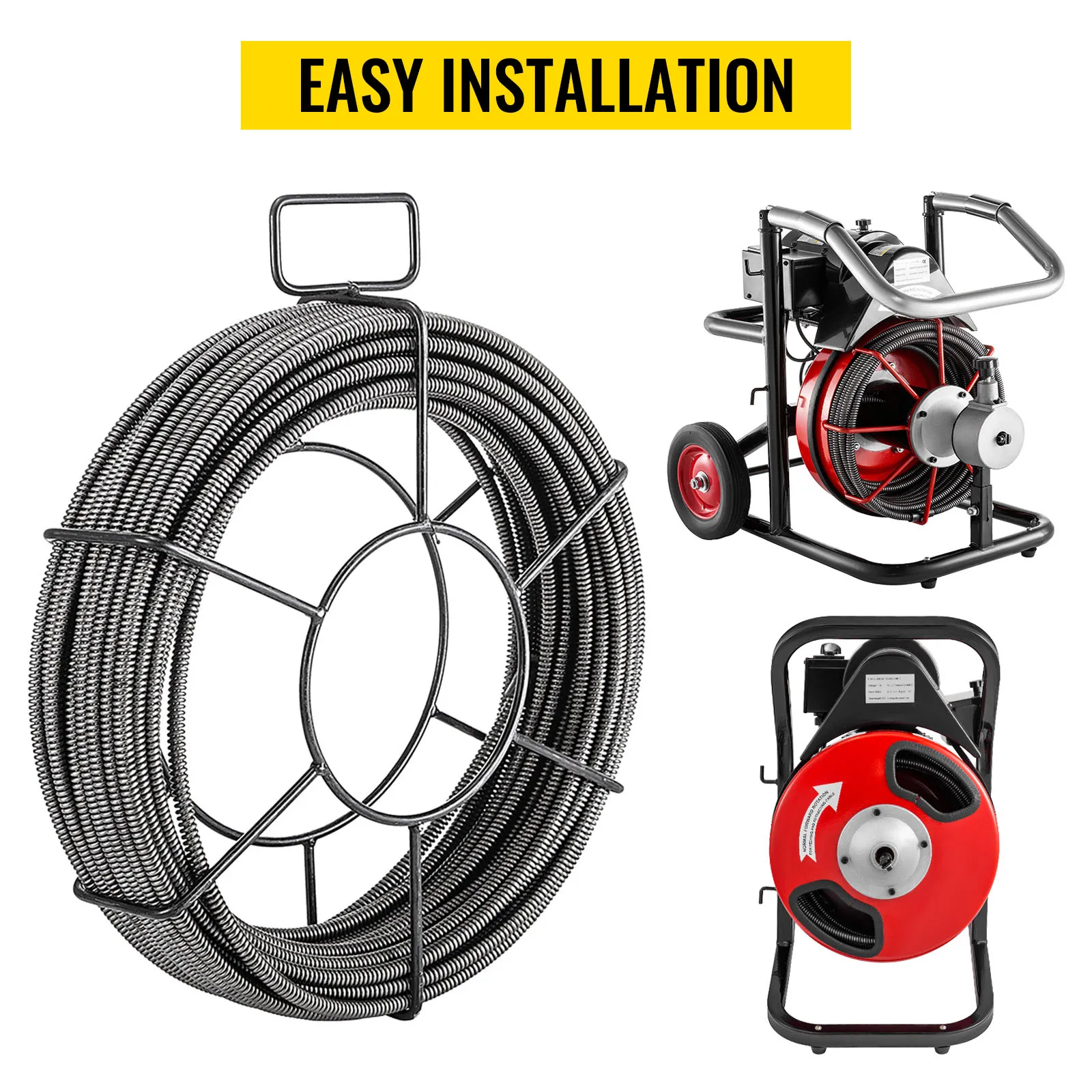 VEVOR drain cleaning cable set with easy installation label and equipment details.