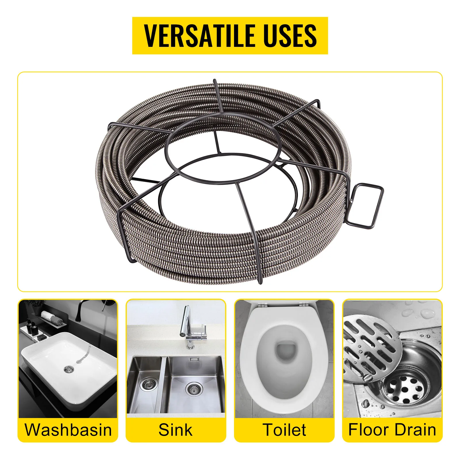 VEVOR drain cleaning cable for washbasin, sink, toilet, and floor drain. versatile uses.