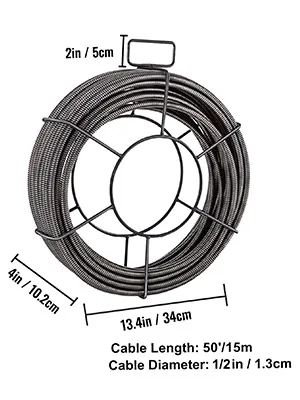 VEVOR drain cleaning cable, 50ft long, 1/2in diameter, with key measurements.
