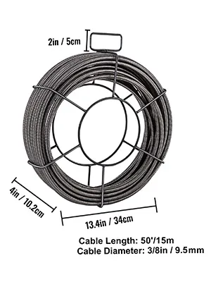 Cable de limpieza de desagües VEVOR, 50 pies de largo, 3/8 pulgadas de diámetro, con detalles de tamaño.