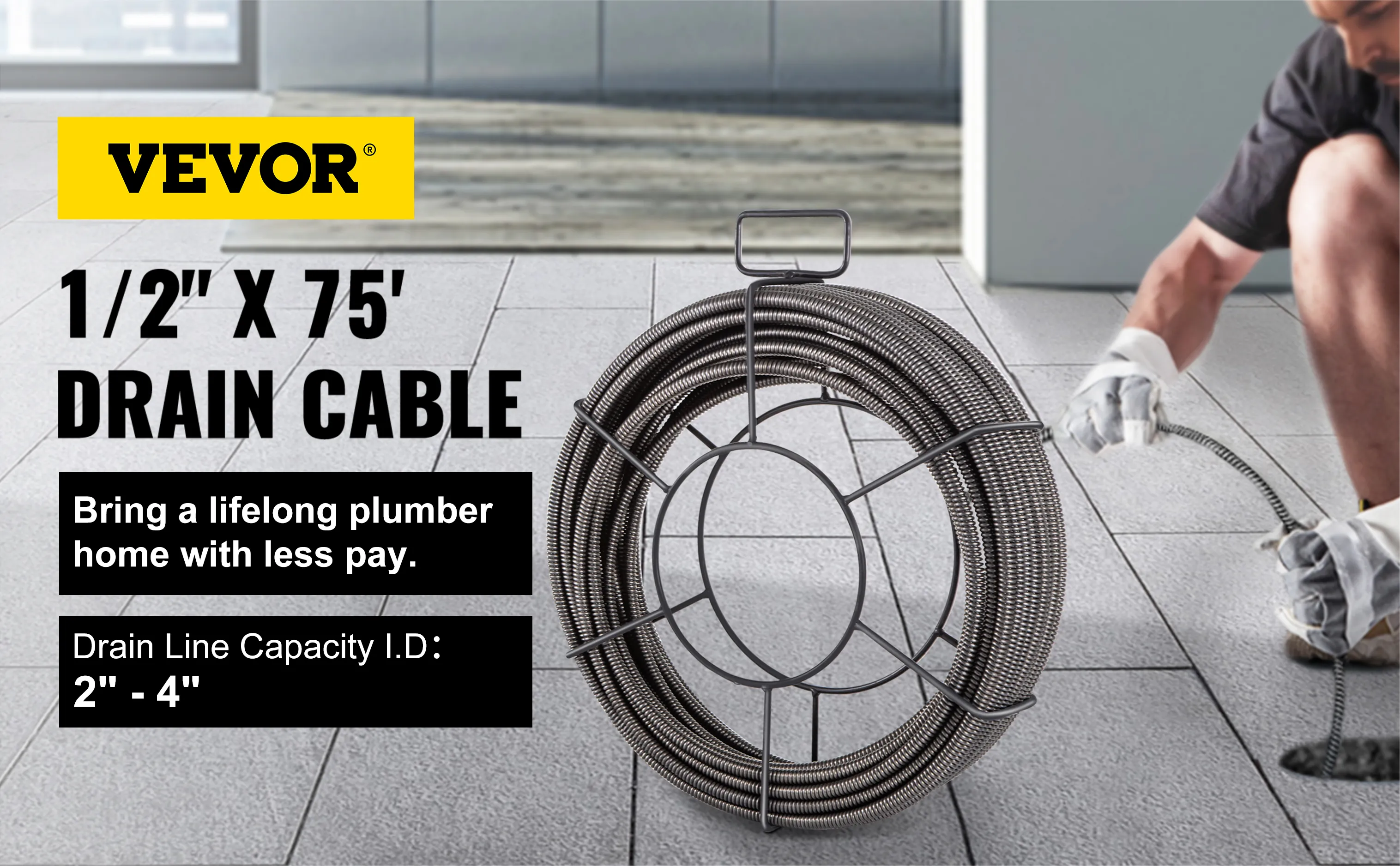 VEVOR drain cable 1/2" x 75', ideal for 2"-4" drain lines, aiding at-home plumbing.