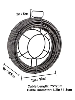 VEVOR drain cable coil, 75’ length, 1/2in diameter with measurements displayed.