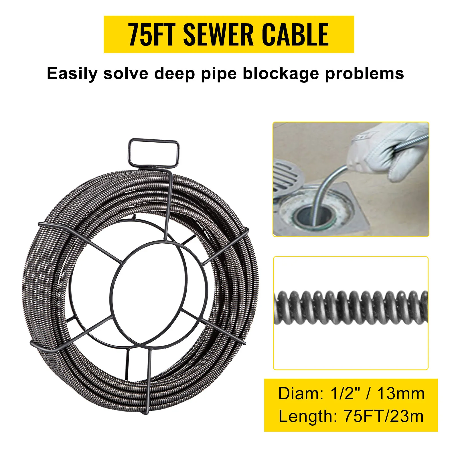75ft sewer cable for solving deep pipe blockages, 1/2" diameter, 75ft length.