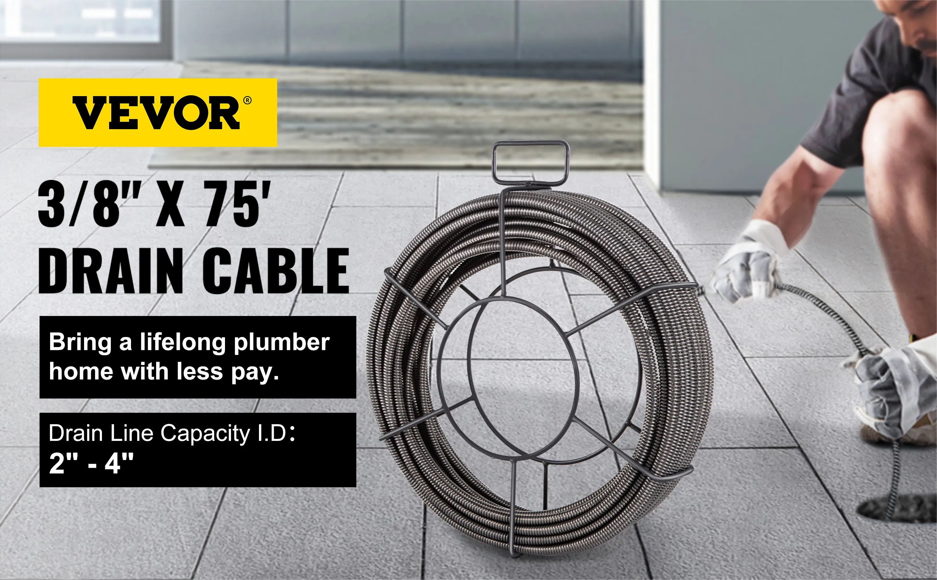 VEVOR drain cleaning cable, 3/8" x 75', for 2"-4" drain lines. bring a lifelong plumber home.