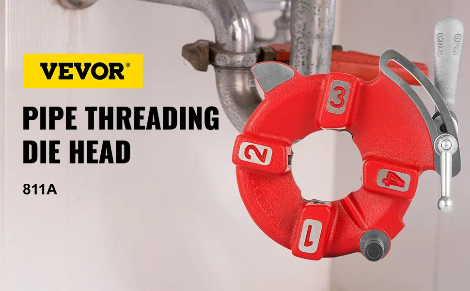 VEVOR universal pipe threader 811a showcasing a red pipe threading die head.