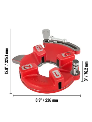 red and silver VEVOR universal pipe threader with labeled measurements.