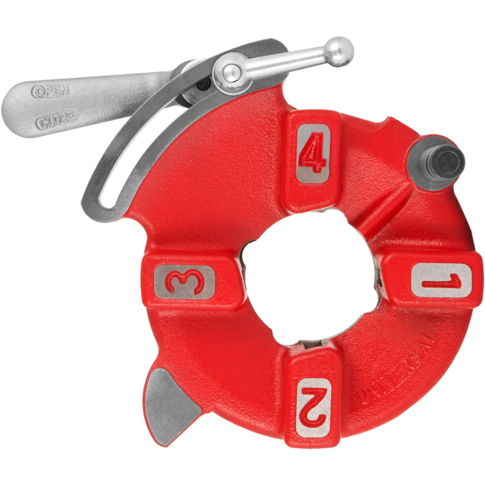 red VEVOR universal pipe threader with numbered sections and metal lever handle.