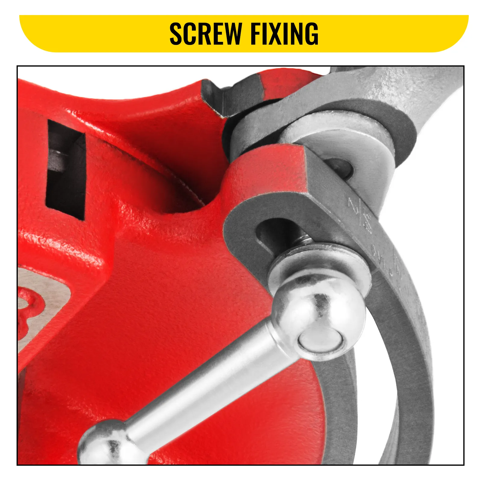 VEVOR universal pipe threader close-up showing red and metal screw fixing mechanism.