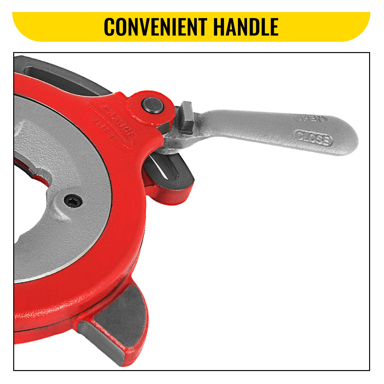 red and gray VEVOR universal pipe threader with convenient handle.