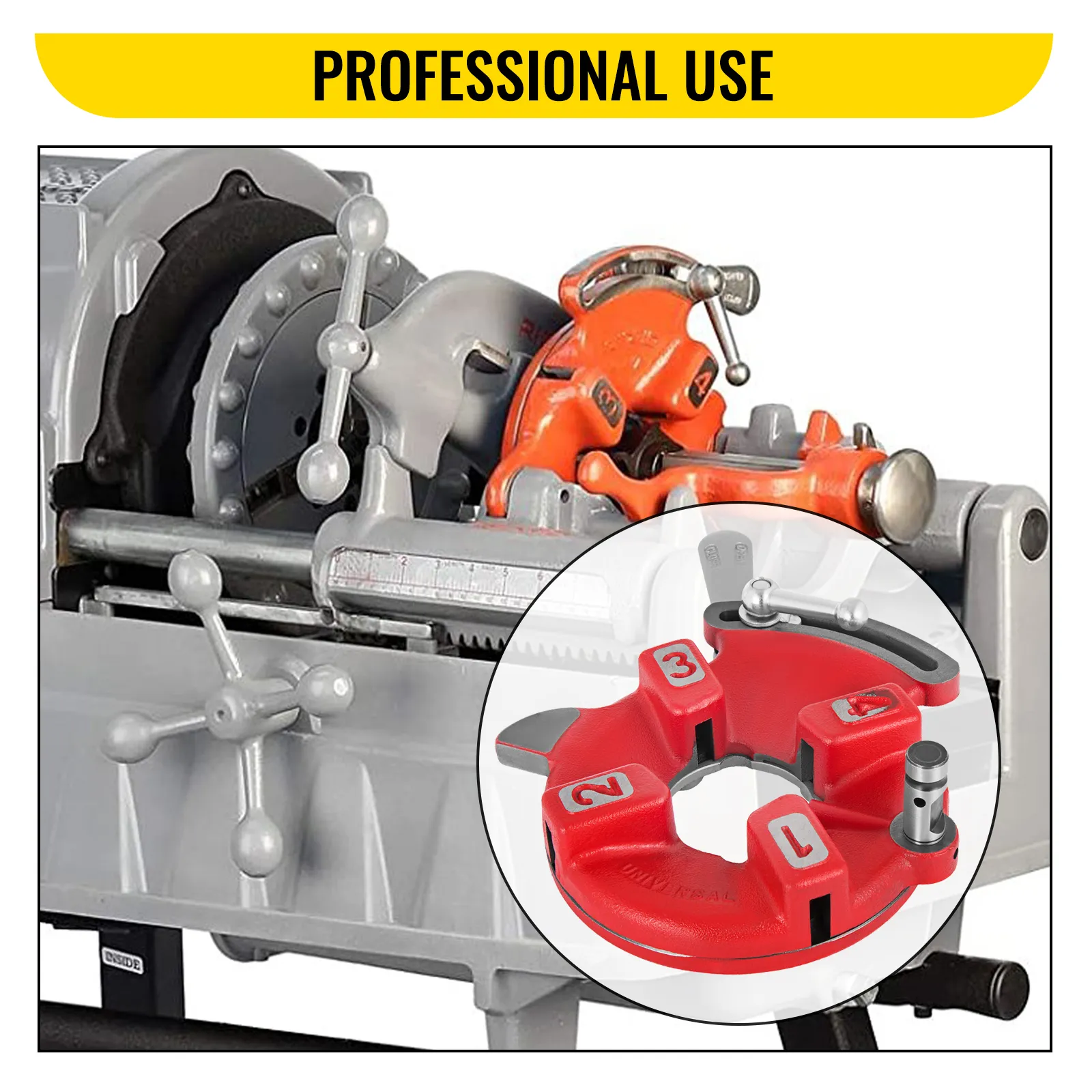 VEVOR universal pipe threader for professional use with a close-up of red threading die.