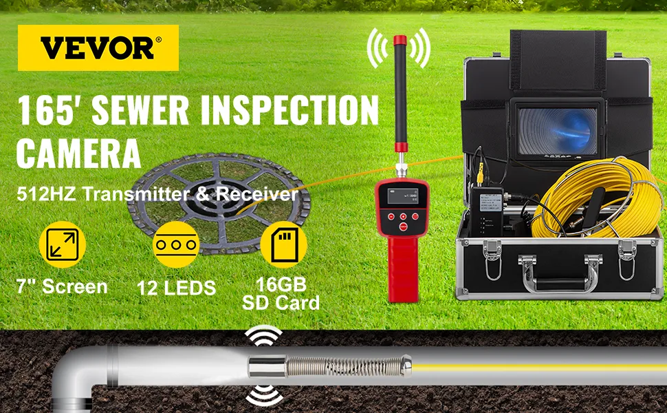 VEVOR sewer camera with 7" screen, 12 leds, 512hz transmitter, & 16gb sd card for 165' inspection.