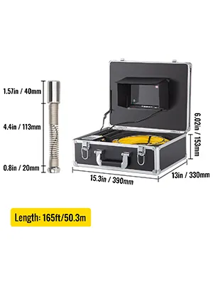 VEVOR sewer camera with a monitor, dimensions, and a 165ft/50.3m cable shown in a black carrying case.