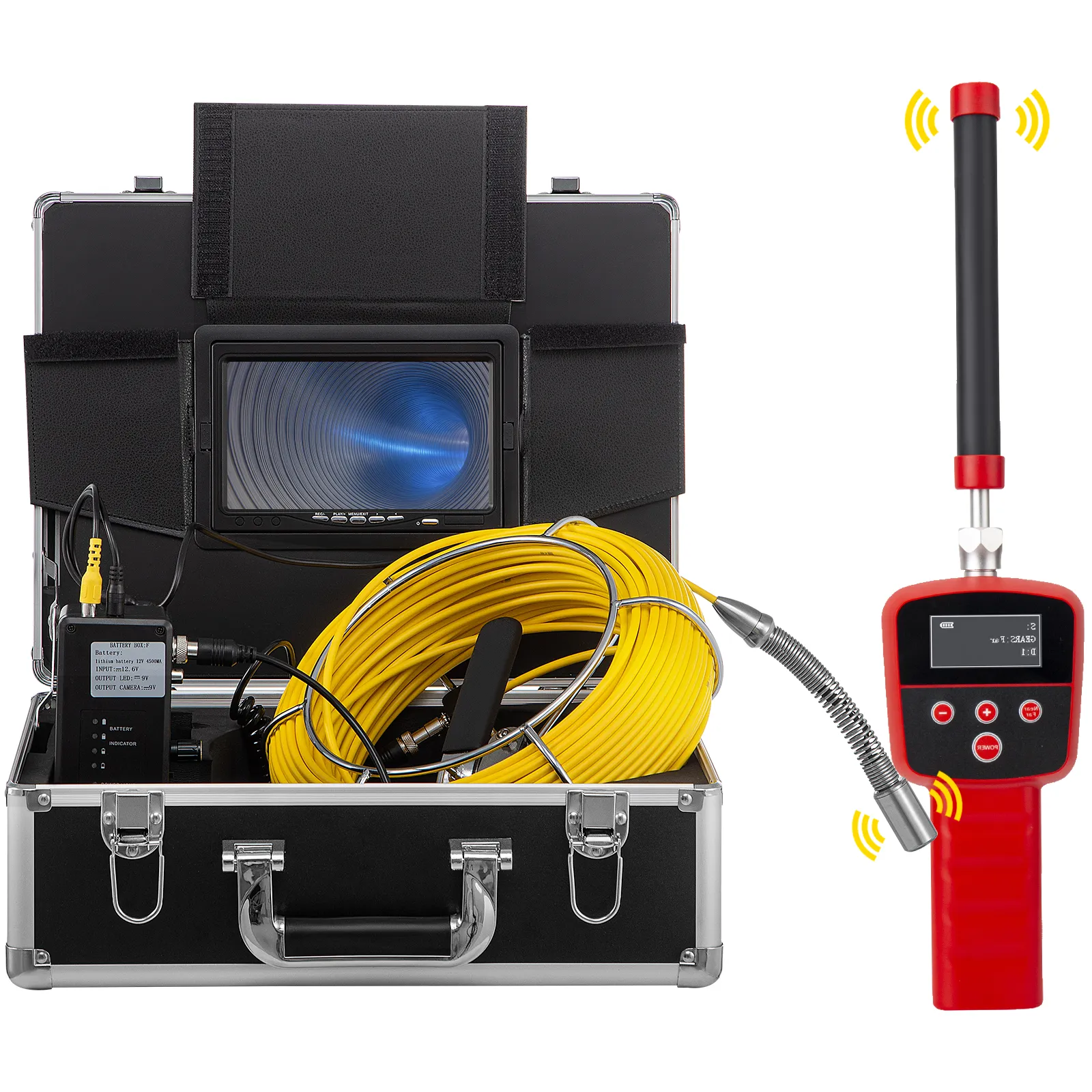 VEVOR sewer camera with yellow cable, monitor in case, and handheld device with antenna.