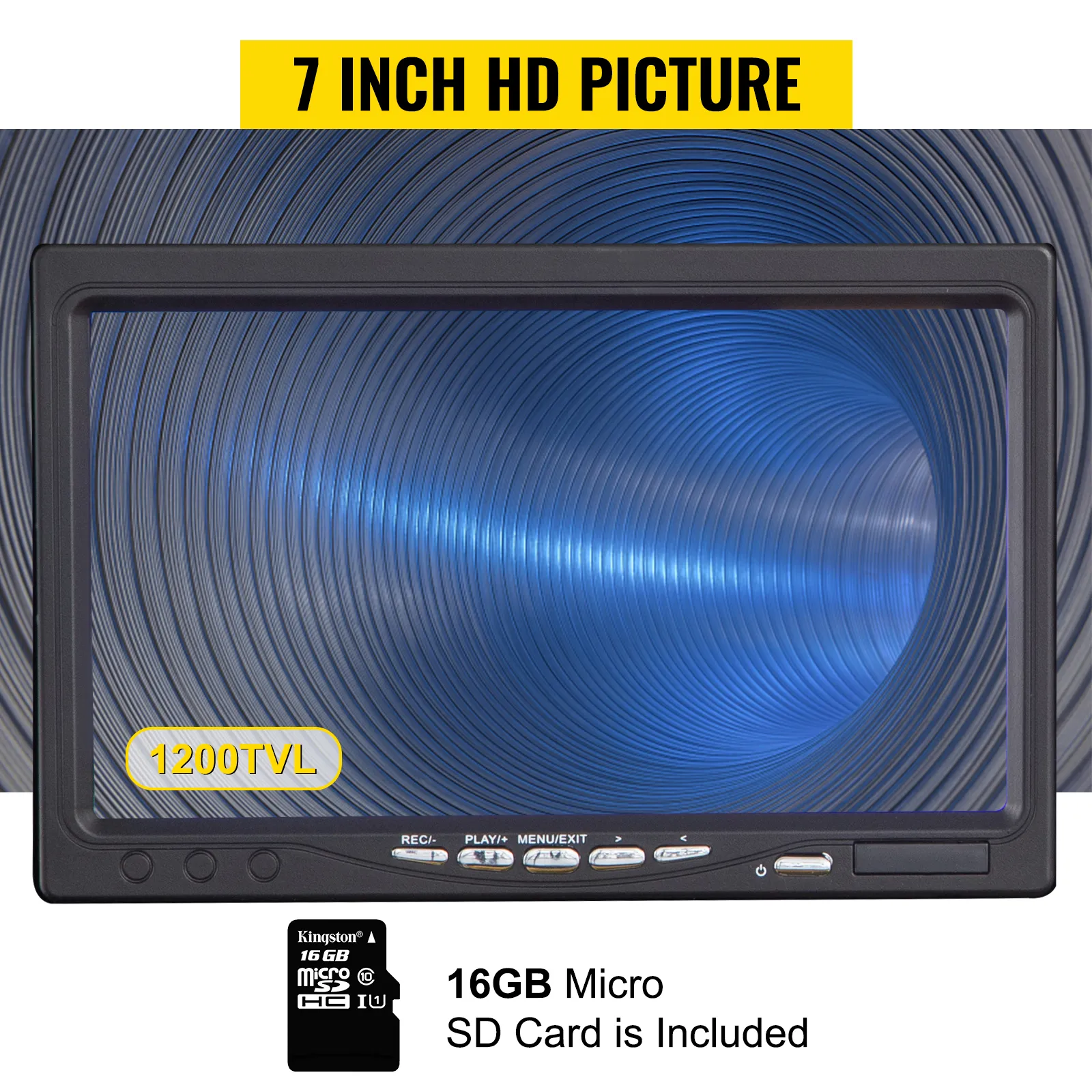 VEVOR sewer camera with 7-inch hd screen, 1200tvl resolution, and includes 16gb micro sd card.