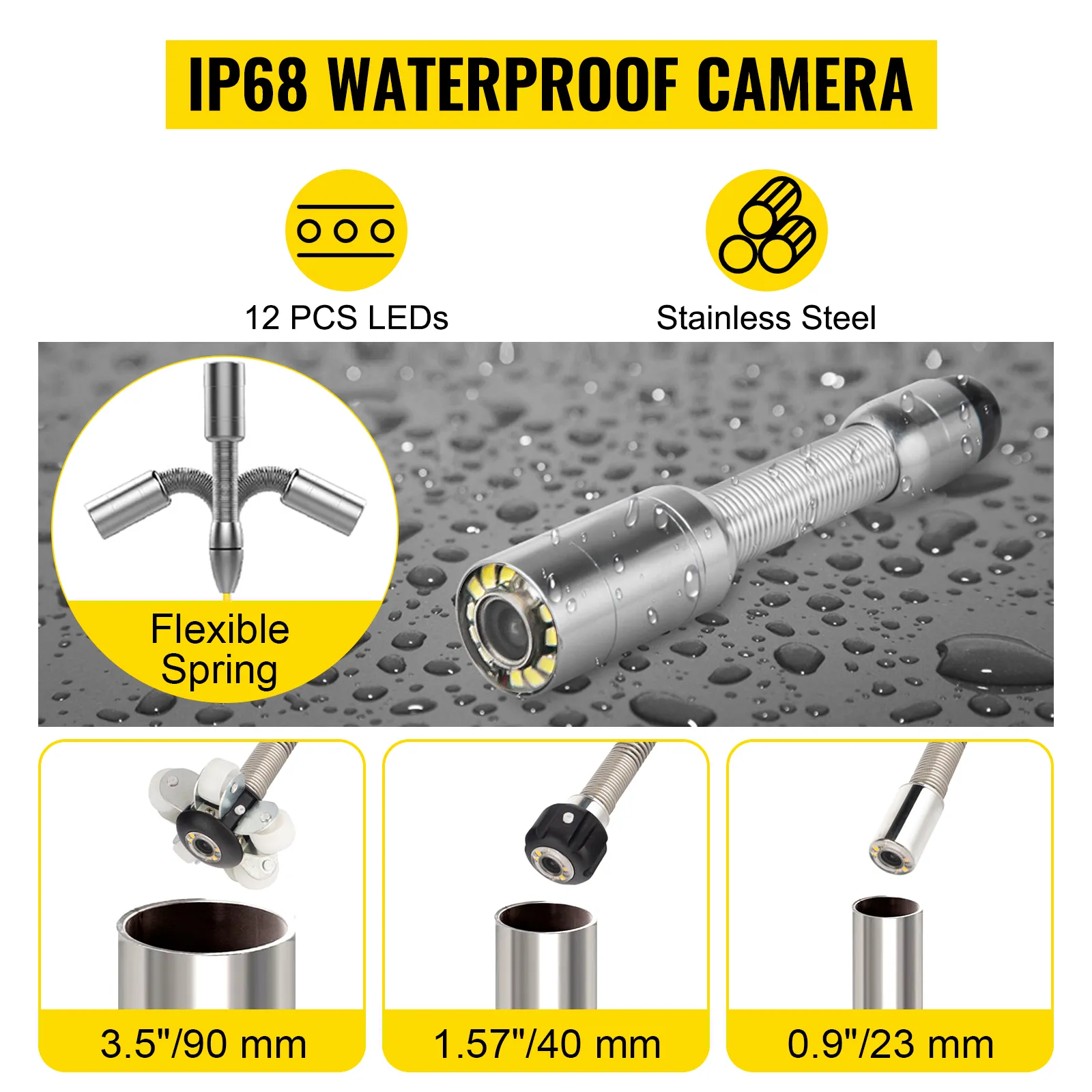 VEVOR sewer camera with ip68 waterproof rating, 12 leds, stainless steel body, and flexible spring.