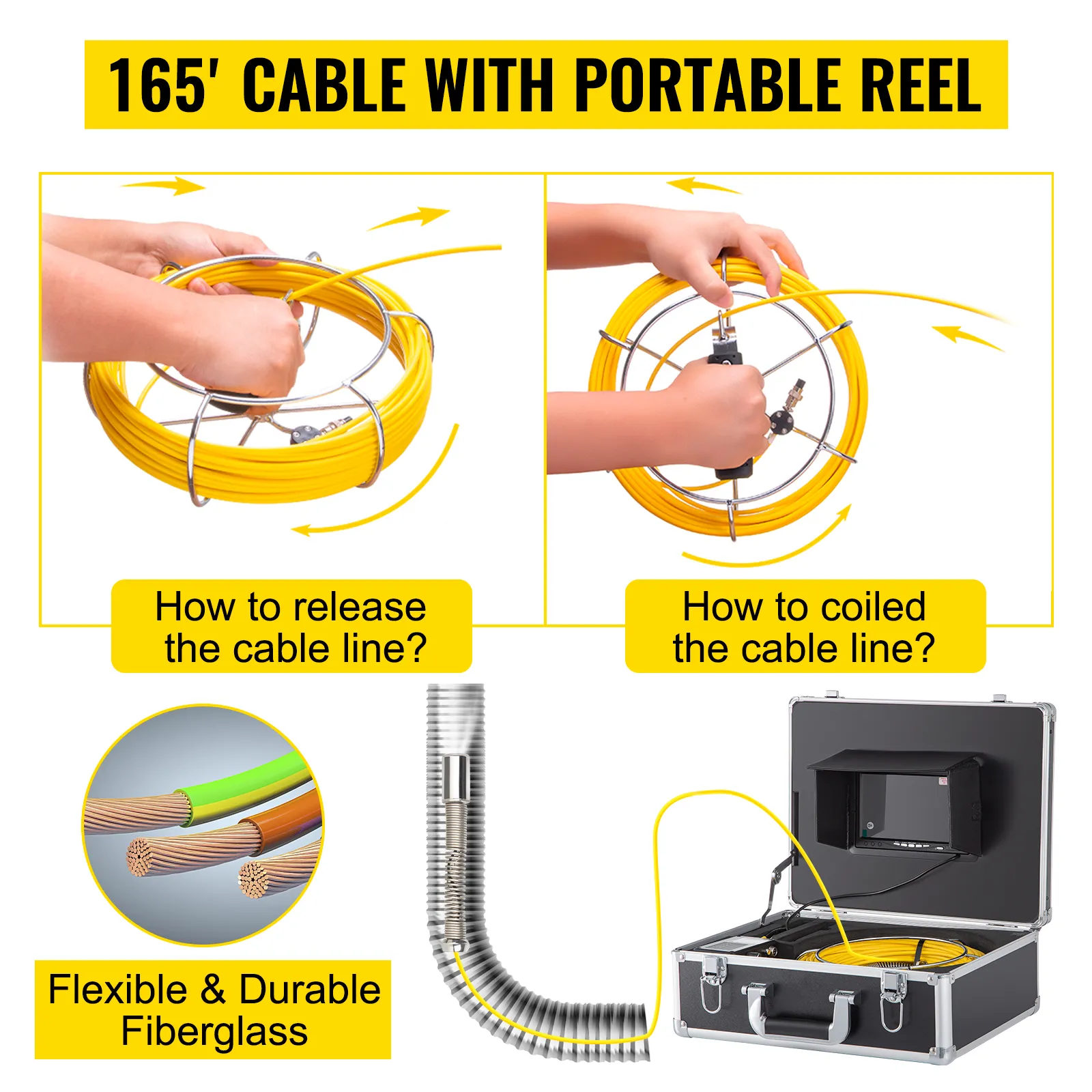 VEVOR sewer camera 165-ft cable with portable reel, flexible and durable fiberglass, and carrying case.