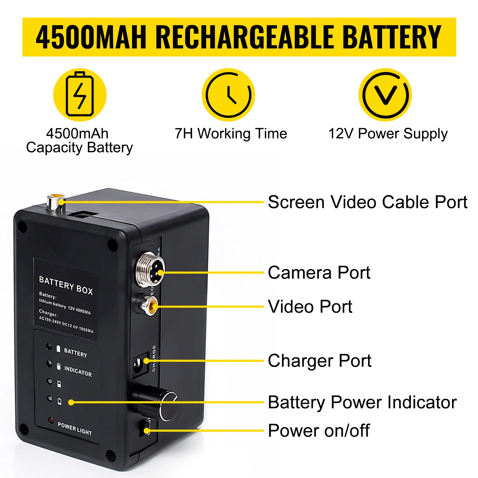 4500mah rechargeable battery for VEVOR sewer camera with screen video, camera, and charger ports.