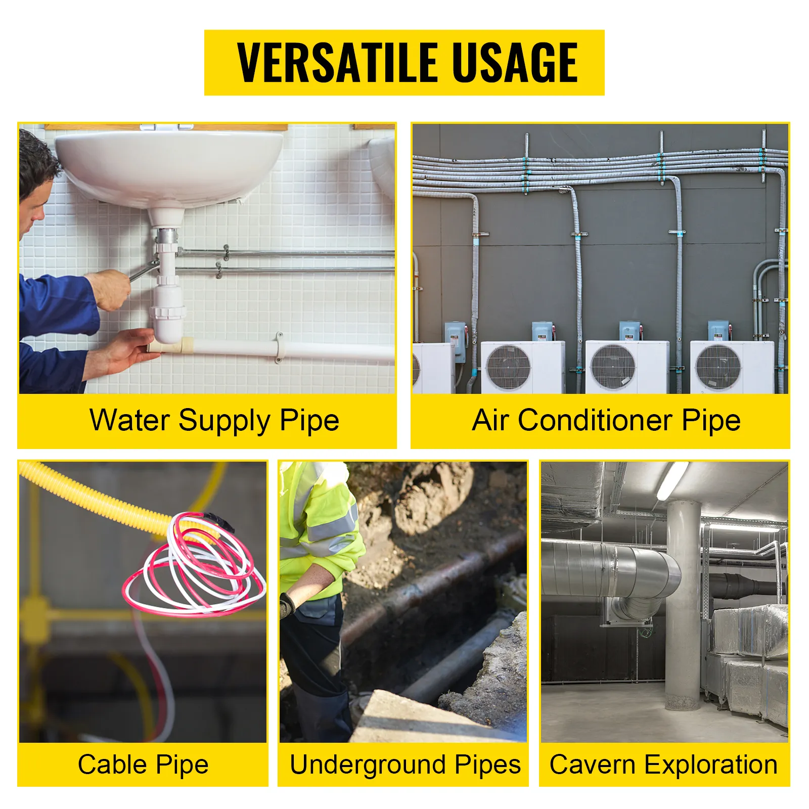 VEVOR sewer camera use cases: water supply pipe, air conditioner pipe, cable pipe, underground pipes, caverns.