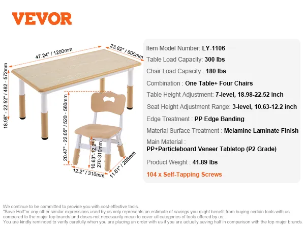VEVOR-Kindertisch- und Stuhlset mit einstellbarer Höhe, PP-Kantenbelag und Melaminlaminatoberfläche.