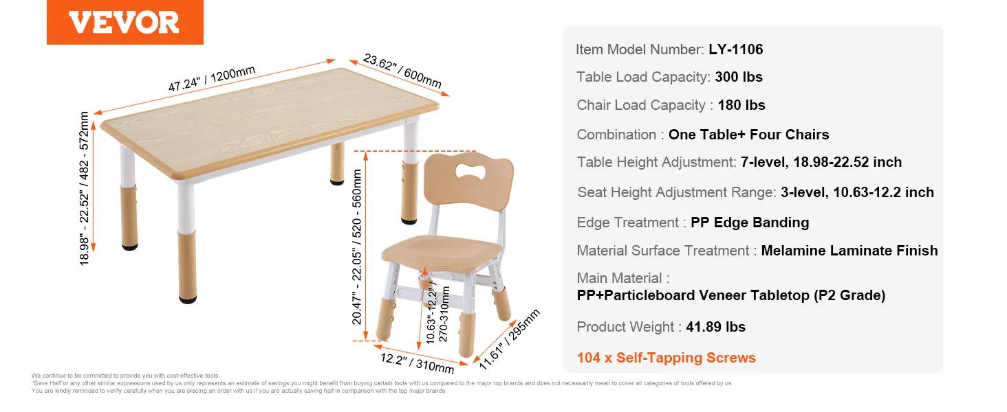 VEVOR-Kindertisch- und Stuhlset mit einstellbarer Höhe, PP-Kantenbelag und Melaminlaminatoberfläche.