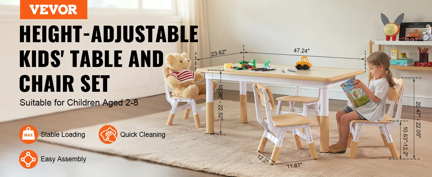 VEVOR Kindertisch- und Stuhlset für Kinder im Alter von 2–8 Jahren, mit verstellbarer Höhe und einfacher Montage.