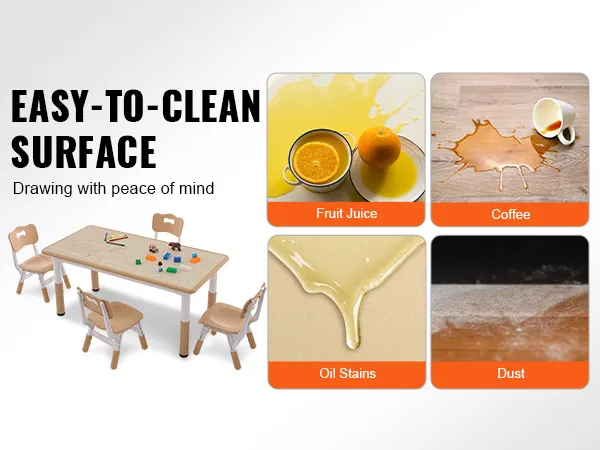 VEVOR-Kindertisch- und -stuhlset mit pflegeleichter Oberfläche, resistent gegenüber verschütteten Flüssigkeiten wie Fruchtsaft, Kaffee, Öl und Staub.