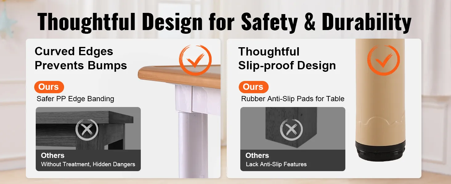 Das VEVOR-Kindertisch- und -stuhlset verfügt über abgerundete Kanten und ein rutschfestes Design für mehr Sicherheit.