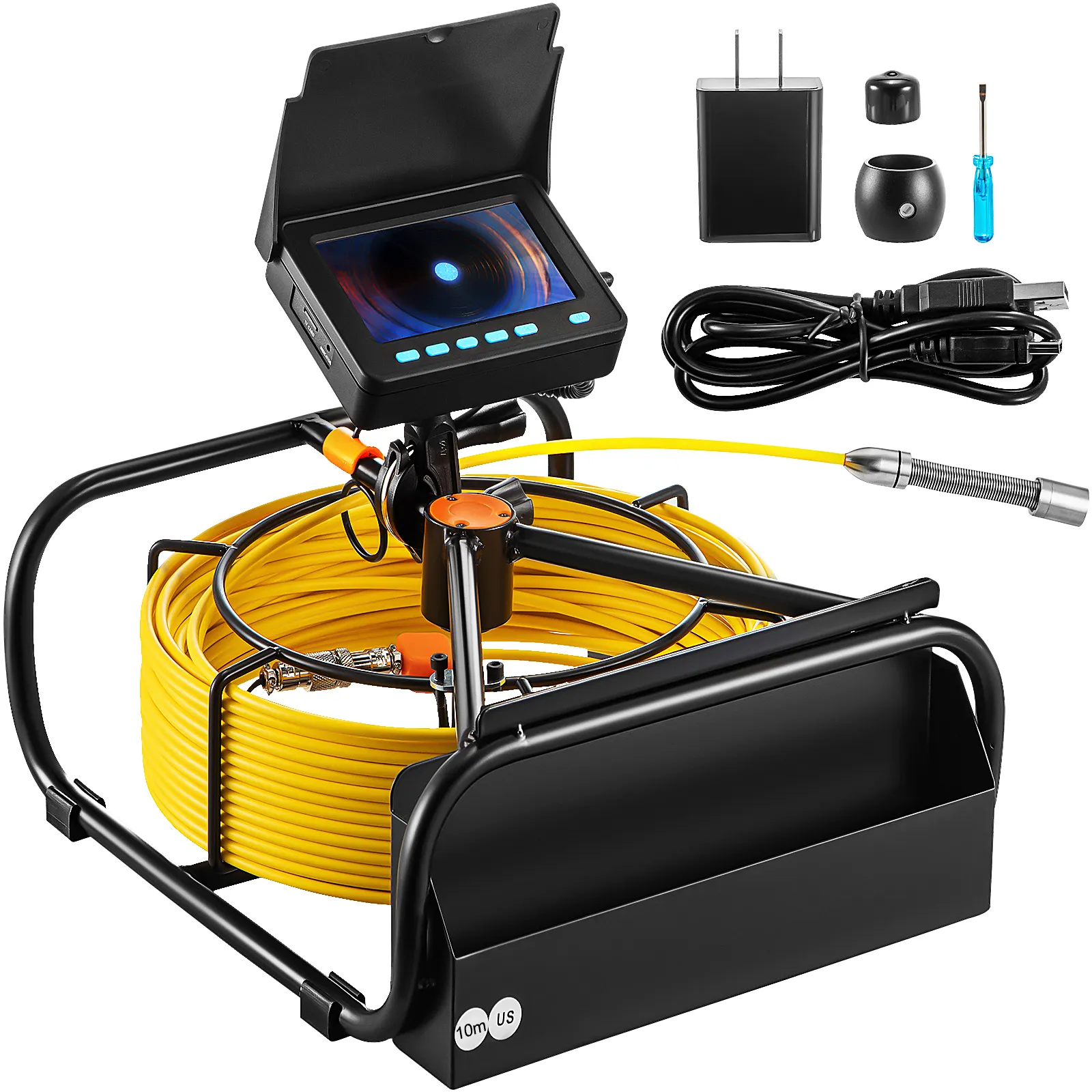 Cámara de alcantarillado VEVOR con monitor, cable amarillo y accesorios, perfectamente ordenados.