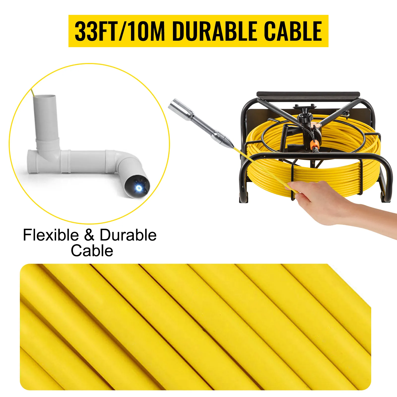 Cámara de alcantarillado VEVOR con cable amarillo duradero de 33 pies/10 m, flexible y robusto.