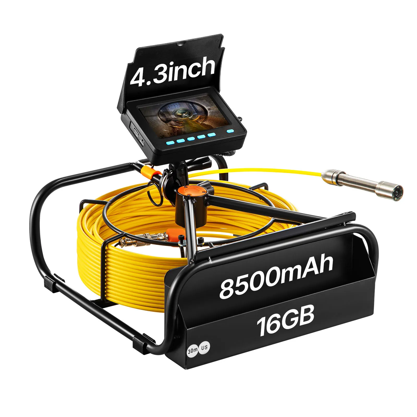 VEVOR sewer camera with monitor, yellow cable reel, and accessories.