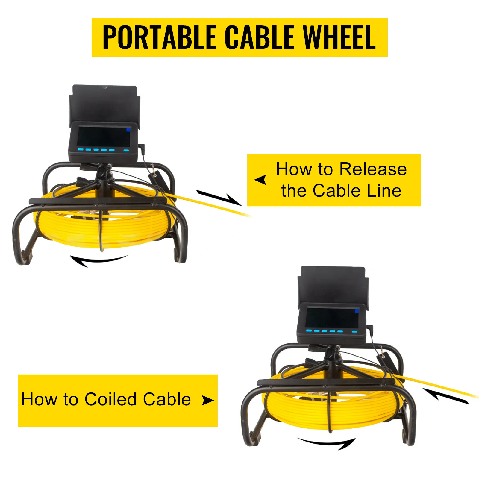 VEVOR sewer camera with yellow portable cable wheel and release instructions.