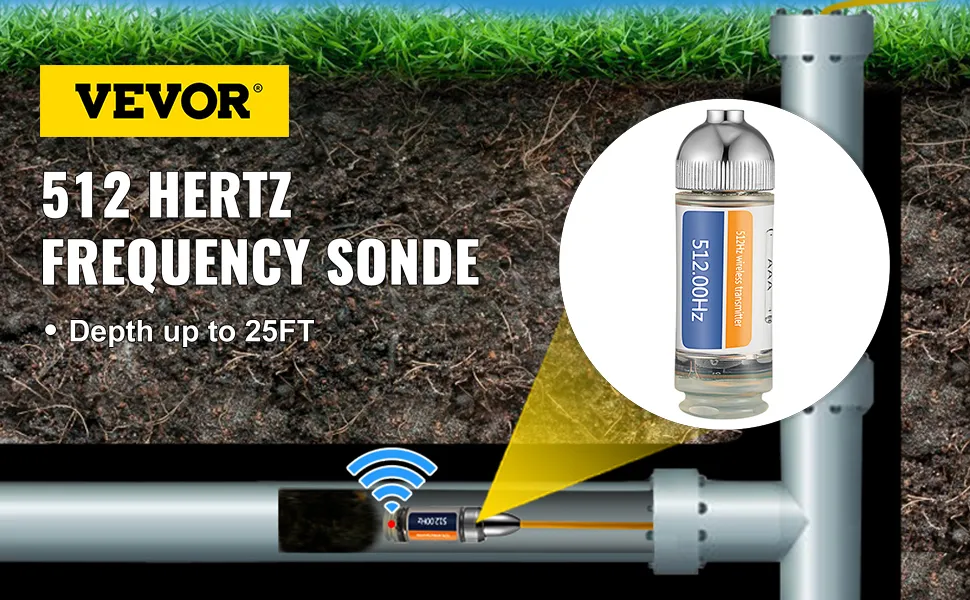 Localizador de drenaje VEVOR: sonda de 512 hercios, detecta hasta 25 pies de profundidad.