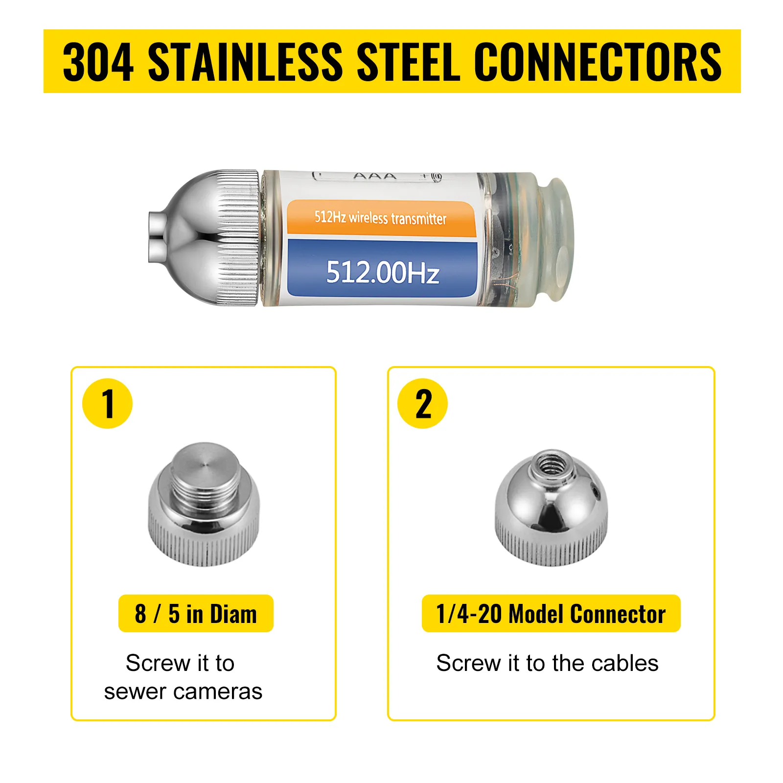 Localizador de drenaje VEVOR con conectores de acero inoxidable 304, transmisor de 512 Hz y adaptador de modelo.