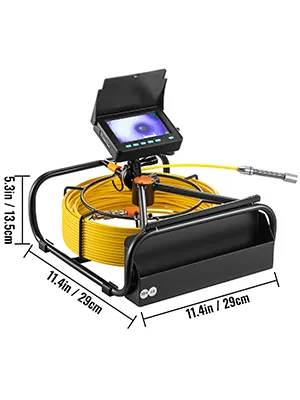 VEVOR sewer camera with monitor, yellow cable, and measuring dimensions displayed