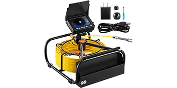 VEVOR sewer camera with yellow cable, monitor, usb adapter, and accessories.