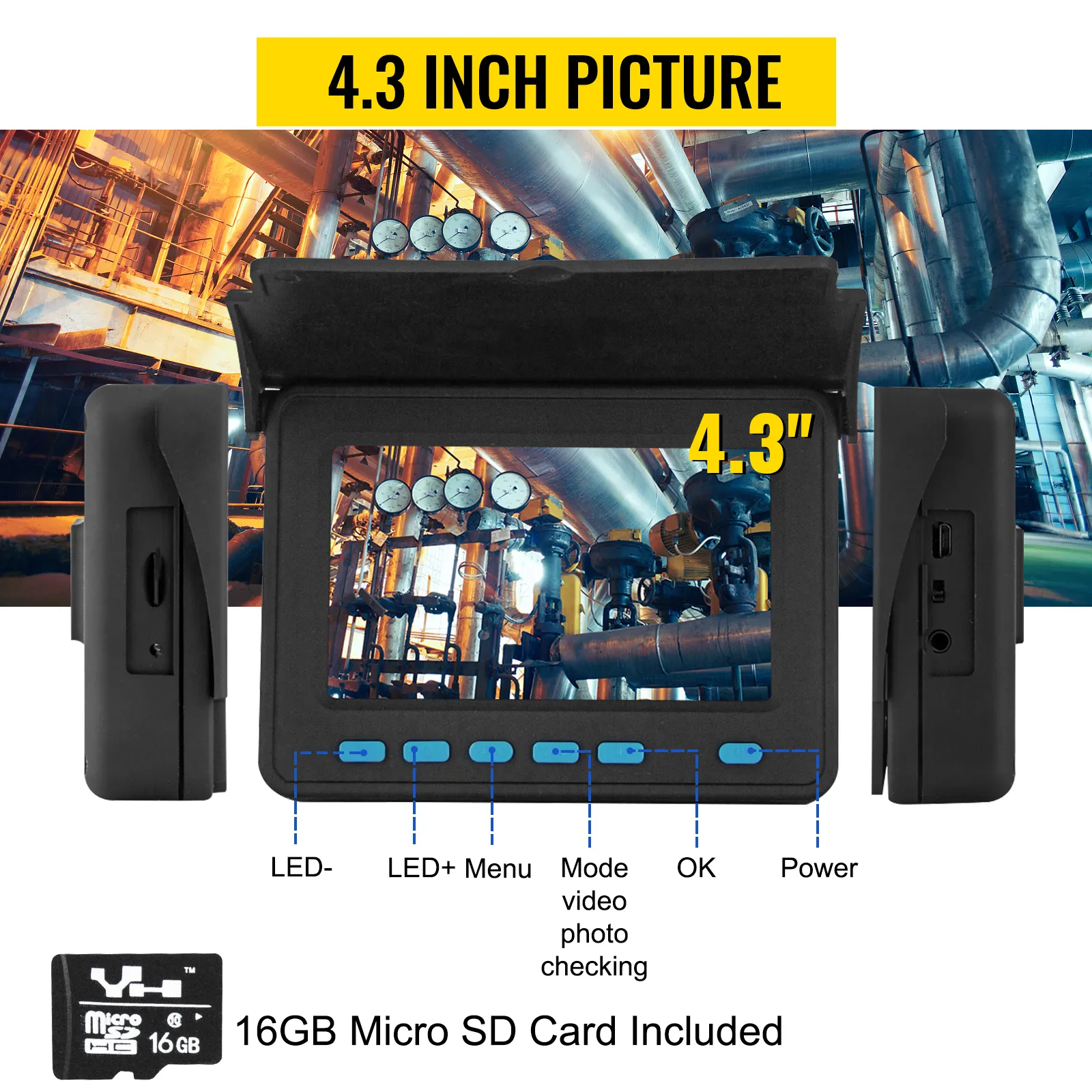 4.3 inch hd screen of VEVOR sewer camera showing industrial pipes and gauges with controls.