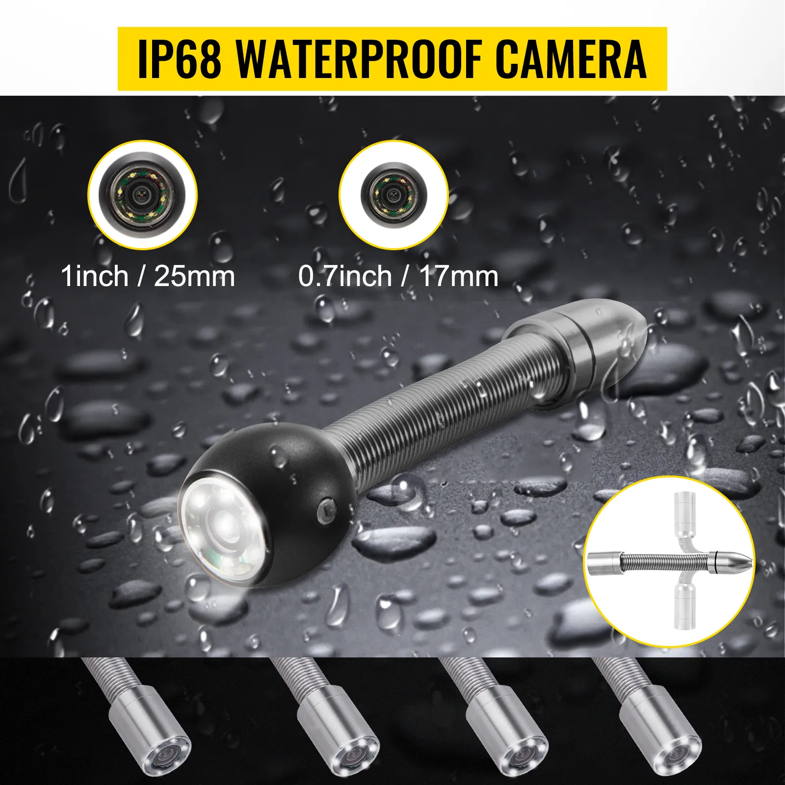 VEVOR sewer camera, ip68 waterproof with adjustable sizes, shown in wet conditions.