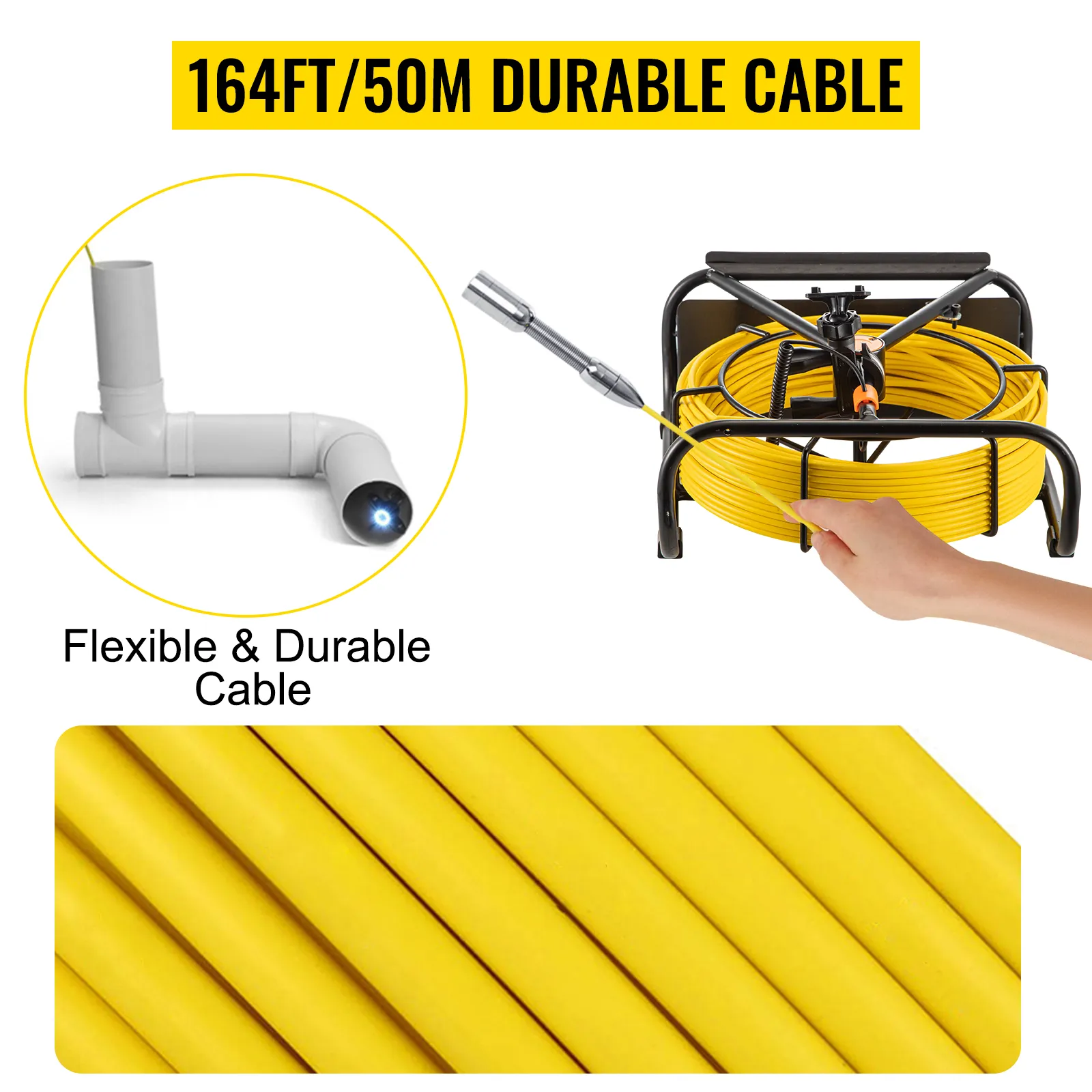 VEVOR sewer camera with 164ft durable yellow cable, flexible and durable for inspections