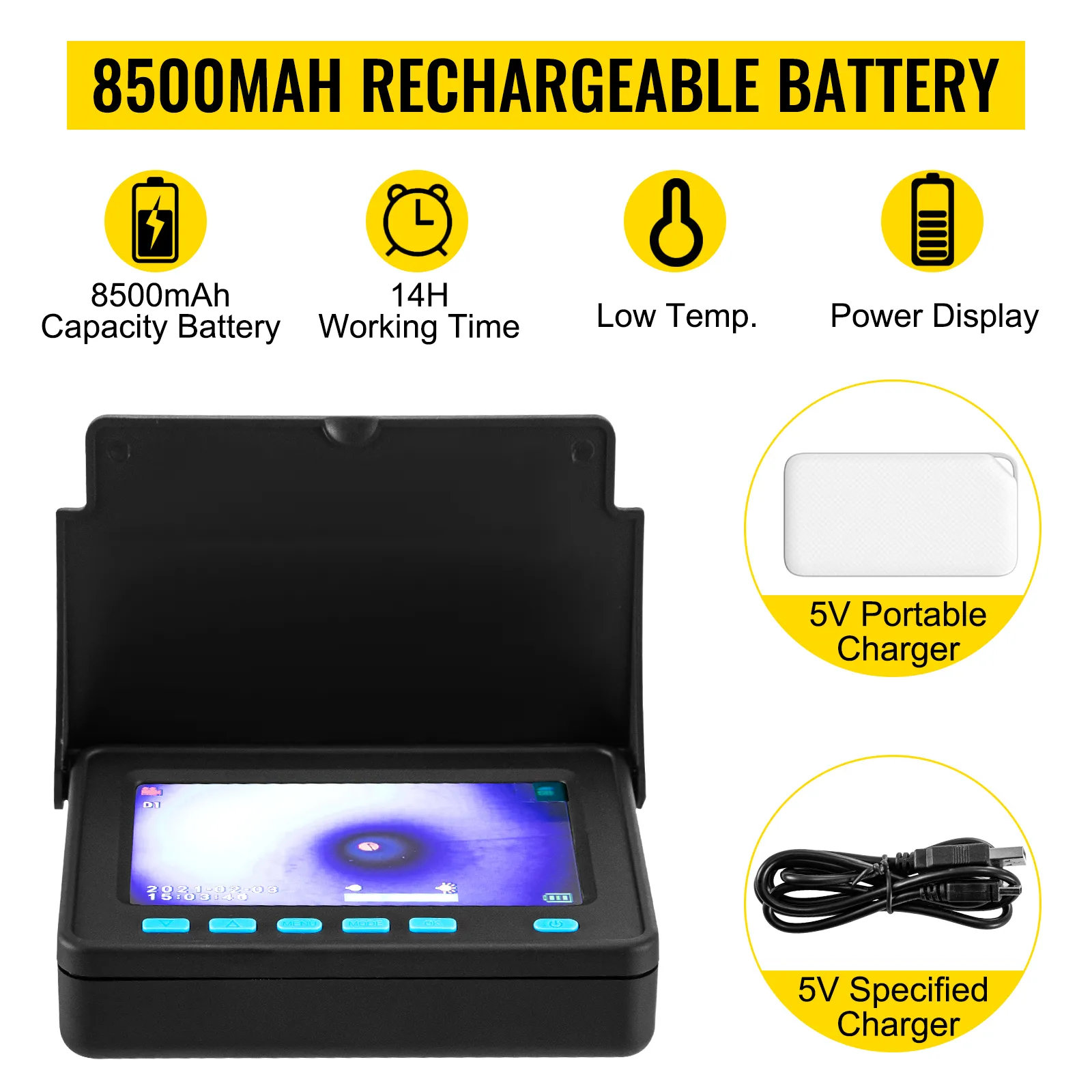 VEVOR sewer camera: 8500mah battery, 14h runtime, low temp, power display, 5v charger included.