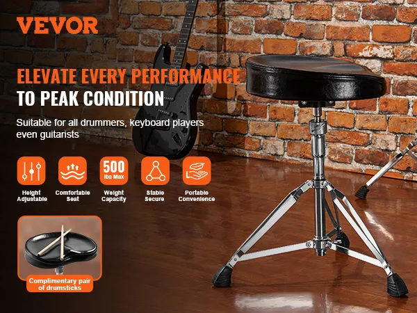 VEVOR drum throne with adjustable height, padded seat, and complimentary drumsticks. suitable for musicians.