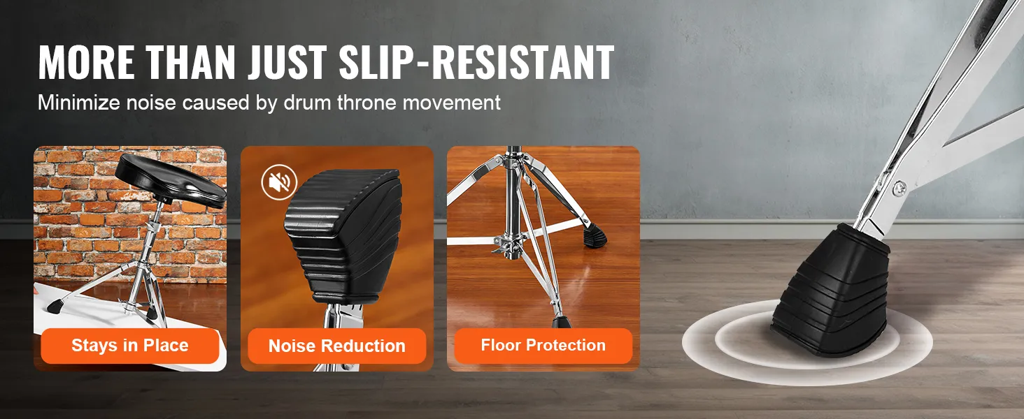 VEVOR drum throne showcasing slip-resistant, noise reduction, and floor protection features.