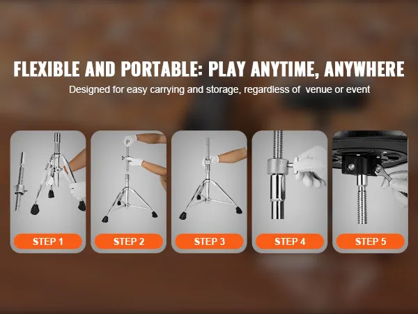 flexible and portable VEVOR drum throne assembly steps for easy carrying and storage, anytime, anywhere.
