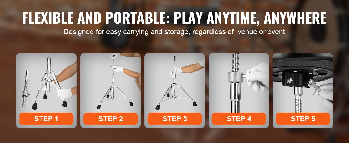 flexible and portable VEVOR drum throne assembly steps for easy carrying and storage, anytime, anywhere.