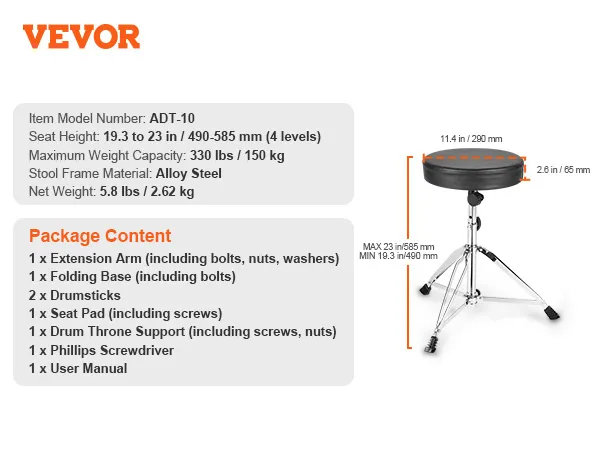 VEVOR drum throne, model adt-10, adjustable seat height, alloy steel frame, package contents listed.