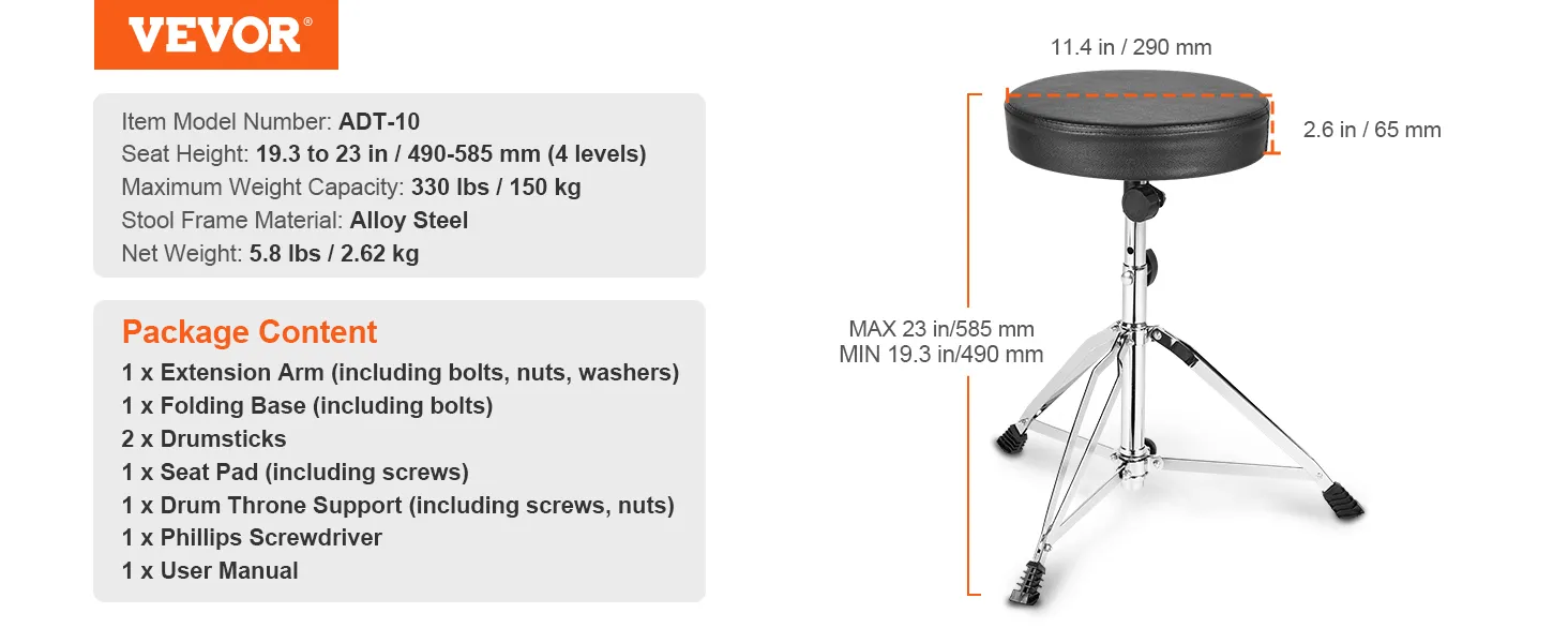 VEVOR drum throne, model adt-10, adjustable seat height, alloy steel frame, package contents listed.