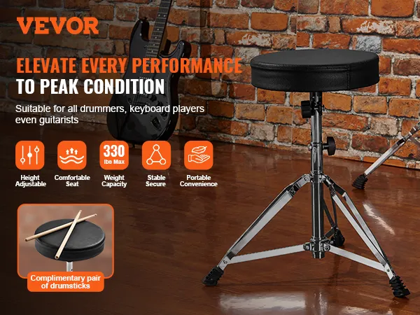 VEVOR drum throne with adjustable height, max 330 lbs, and complimentary drumsticks on wooden floor.