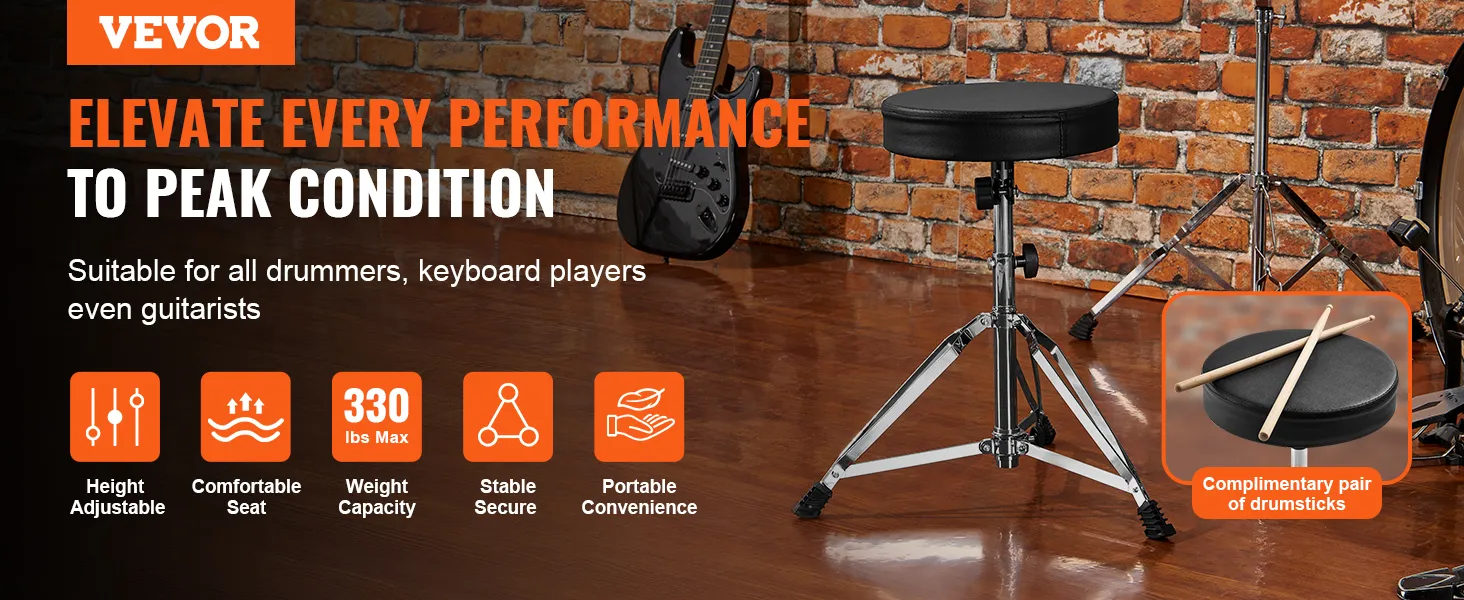 VEVOR drum throne with adjustable height, max 330 lbs, and complimentary drumsticks on wooden floor.