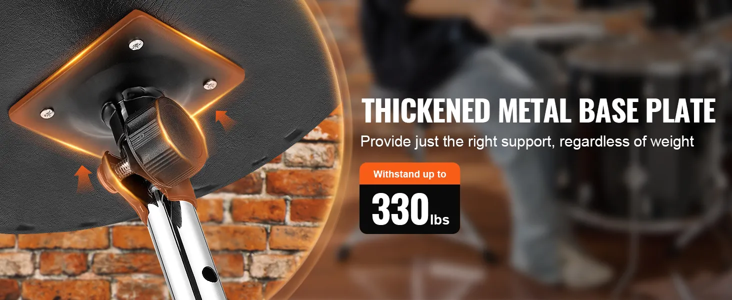 thickened metal base plate of VEVOR drum throne, can support up to 330 lbs, ensures stability.