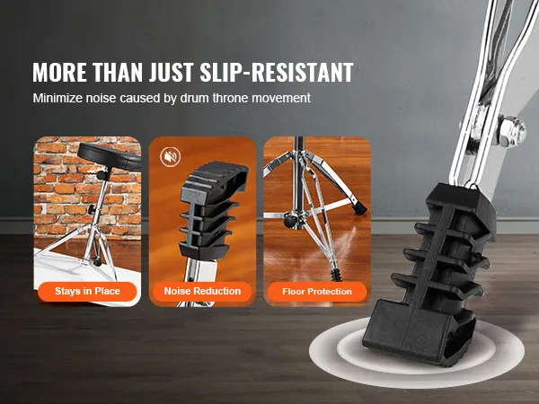 VEVOR drum throne: stay in place, reduce noise, and protect floors with slip-resistant rubber feet.