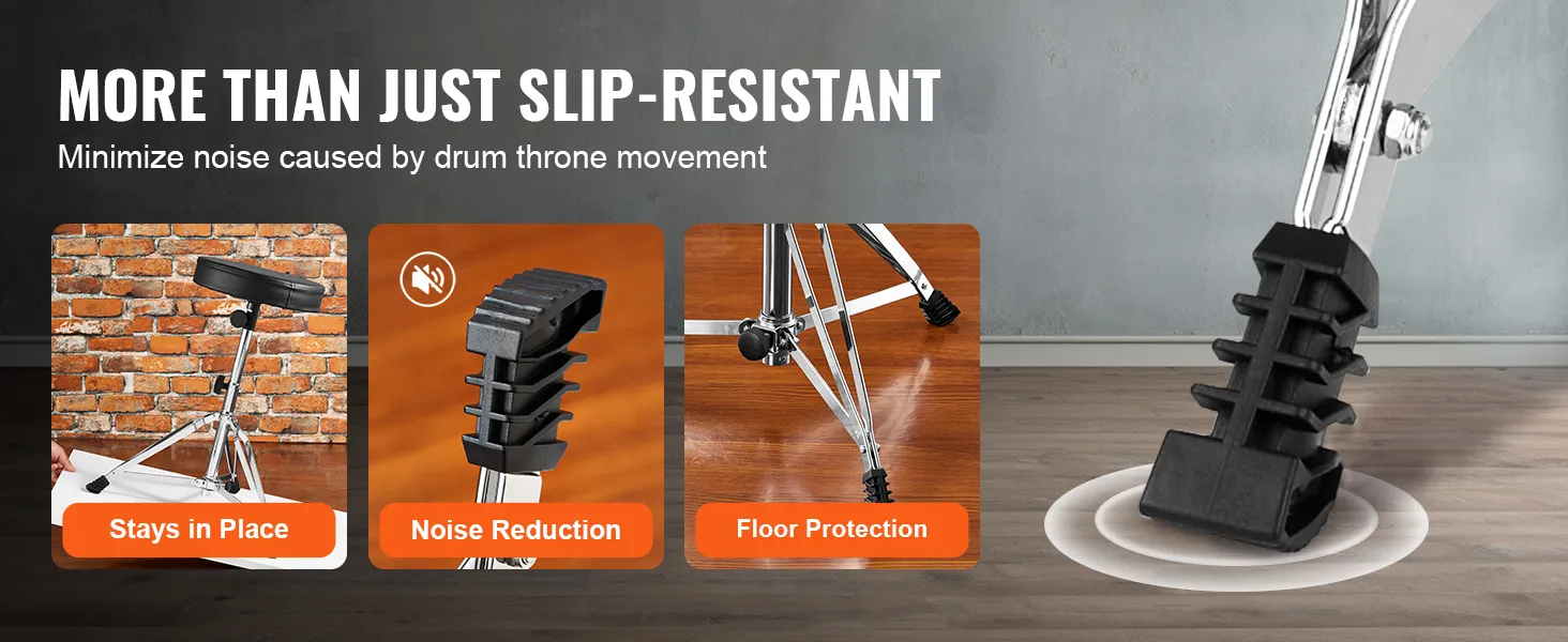 VEVOR drum throne: stay in place, reduce noise, and protect floors with slip-resistant rubber feet.